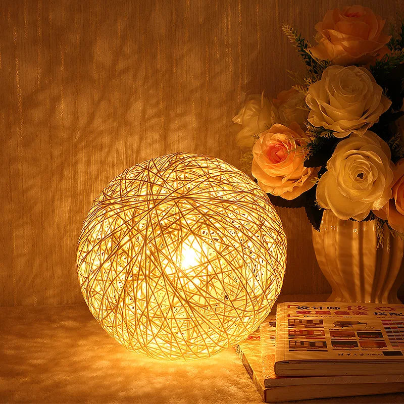 Bedroom Decor Table Lamp Wood Base Moon Light USB Bedside Lamp Rattan Ball Led Desk lamp