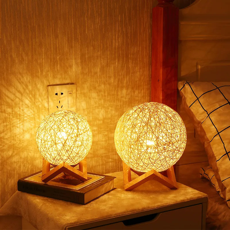 Bedroom Decor Table Lamp Wood Base Moon Light USB Bedside Lamp Rattan Ball Led Desk lamp