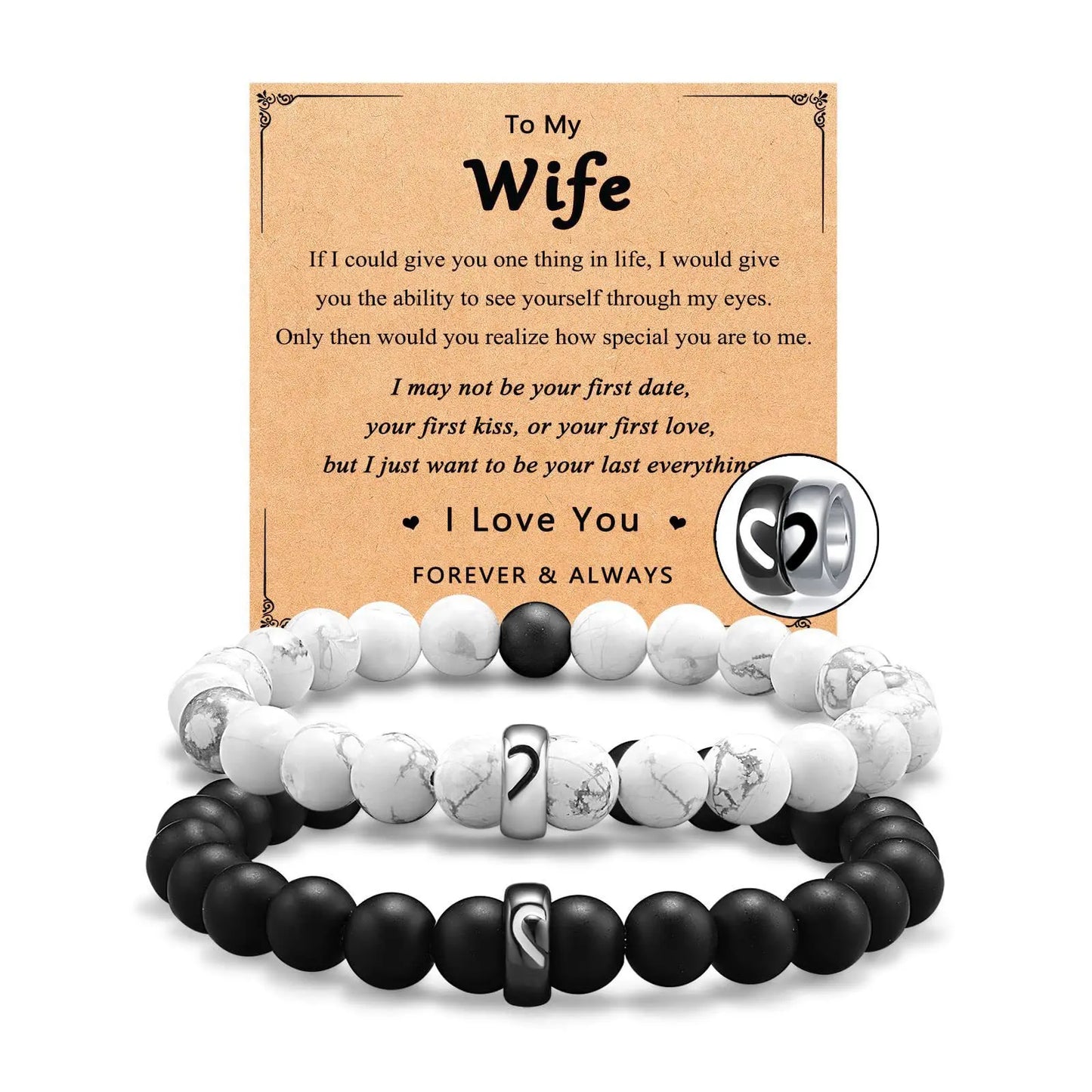 Black White Howlite Stone Bracelet Set Couple Stainless Steel Heart Beads Couple Bracelets Long Distance Gift Bangle Lover Gift