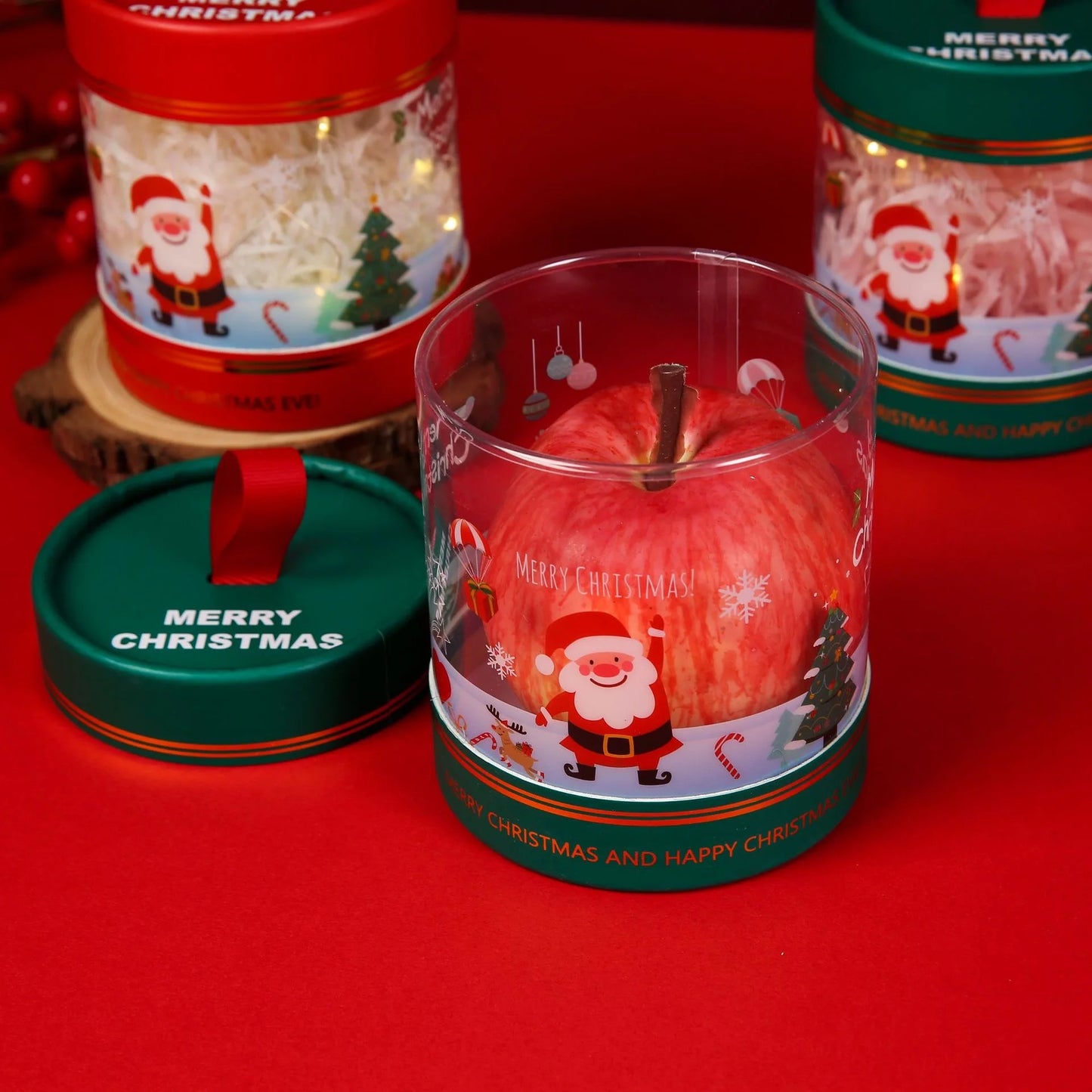 Custom X-Mas Luxury round Cylinder Transparent Christmas Apple Candle Gift Packaging Box for Food Gold Foil Printing