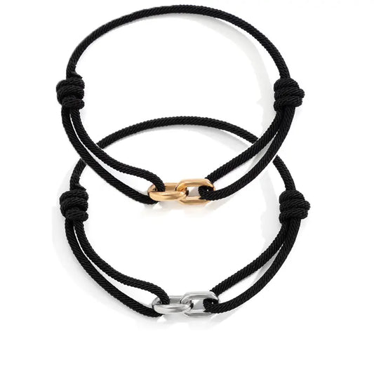 Minimalist Men's Adjustable Black Milan Rope Bracelets Fashion Silver Gold Plated Interlocked Double Ring Charm Couple Bracelet