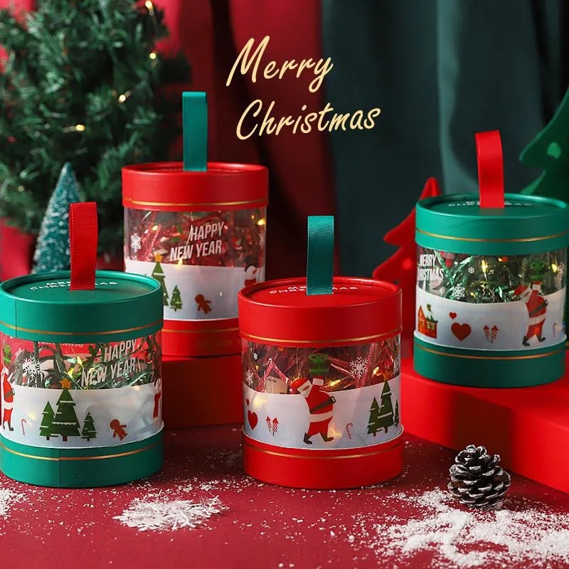 Custom X-Mas Luxury round Cylinder Transparent Christmas Apple Candle Gift Packaging Box for Food Gold Foil Printing