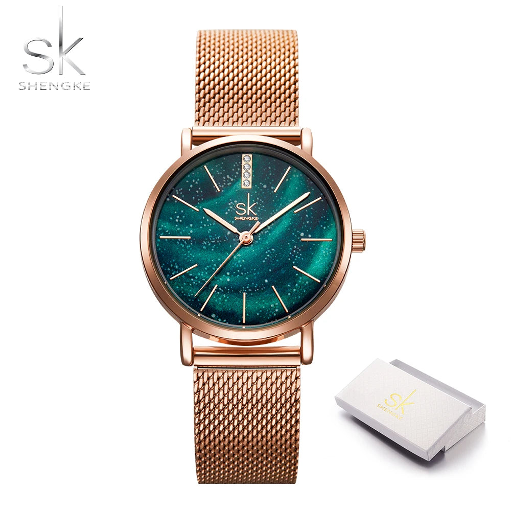 SHENGKE Snowflake Dial Christmas Gifts Wristwatches Vacuum Rose Gold Color Japanese Quartz Movement Gift Box Pack