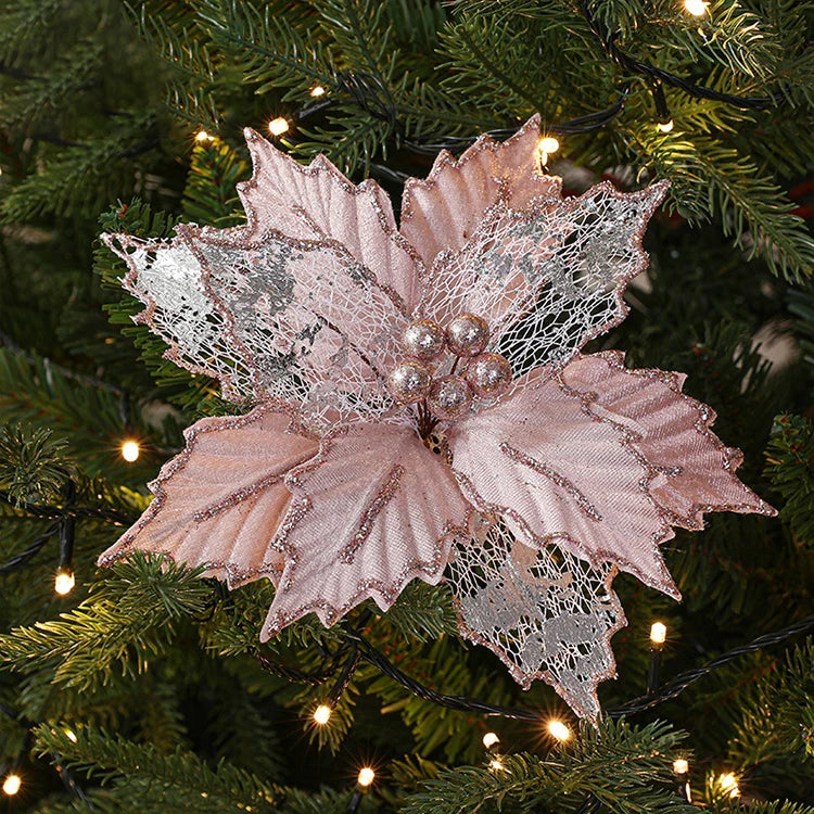 Christmas 24cm Gold Red Champagne Simulation Christmas Flower Handmade Maple Leaf Decoration Flower