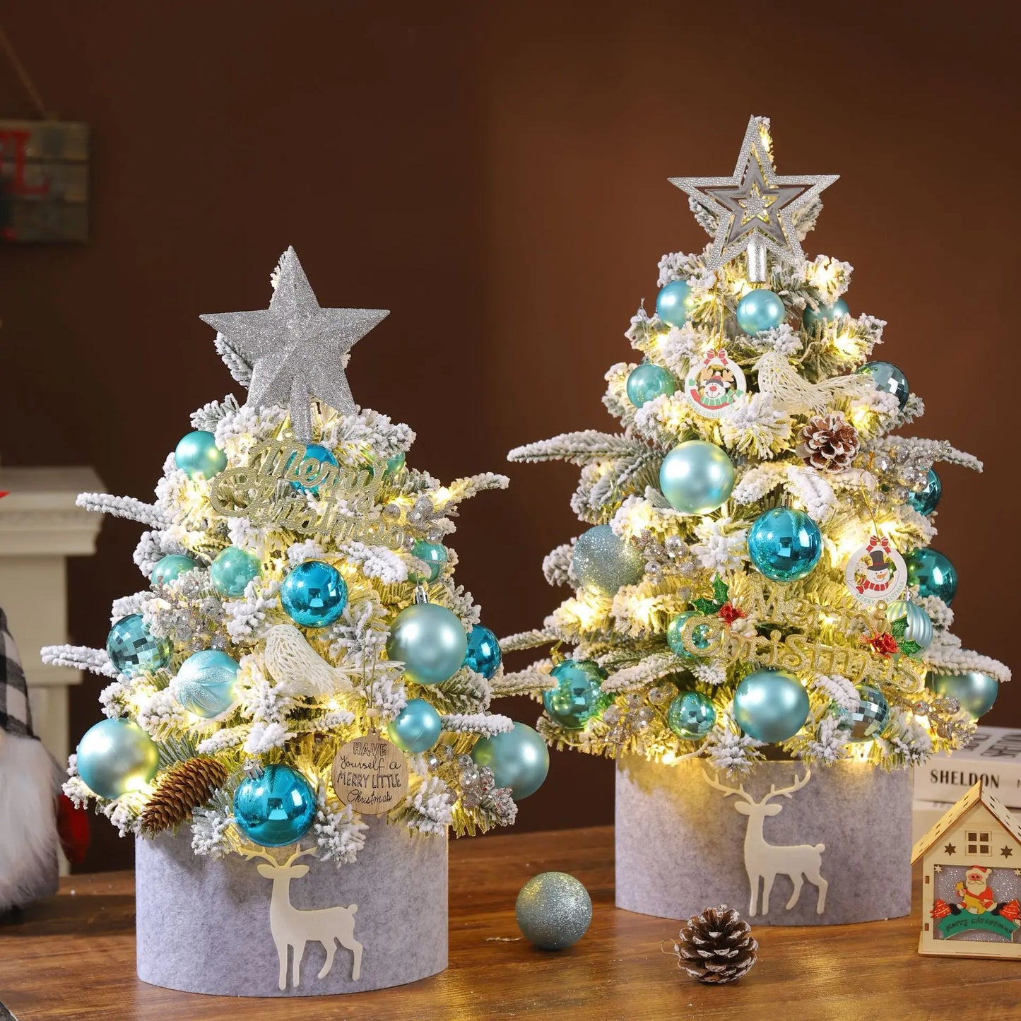 40cm/60cm Artificial Christmas Tree Set with LED Lights Star Treetop Ornaments Balls Bells Pine Cones