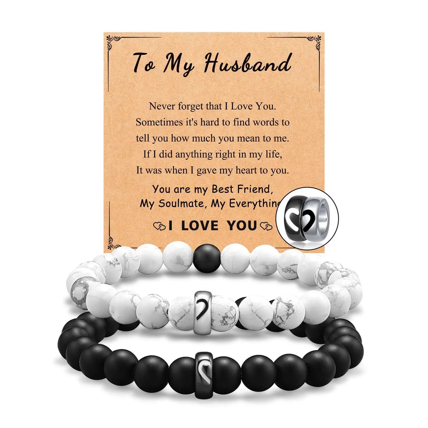 Black White Howlite Stone Bracelet Set Couple Stainless Steel Heart Beads Couple Bracelets Long Distance Gift Bangle Lover Gift