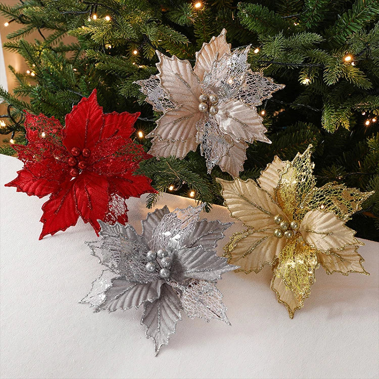 Christmas 24cm Gold Red Champagne Simulation Christmas Flower Handmade Maple Leaf Decoration Flower