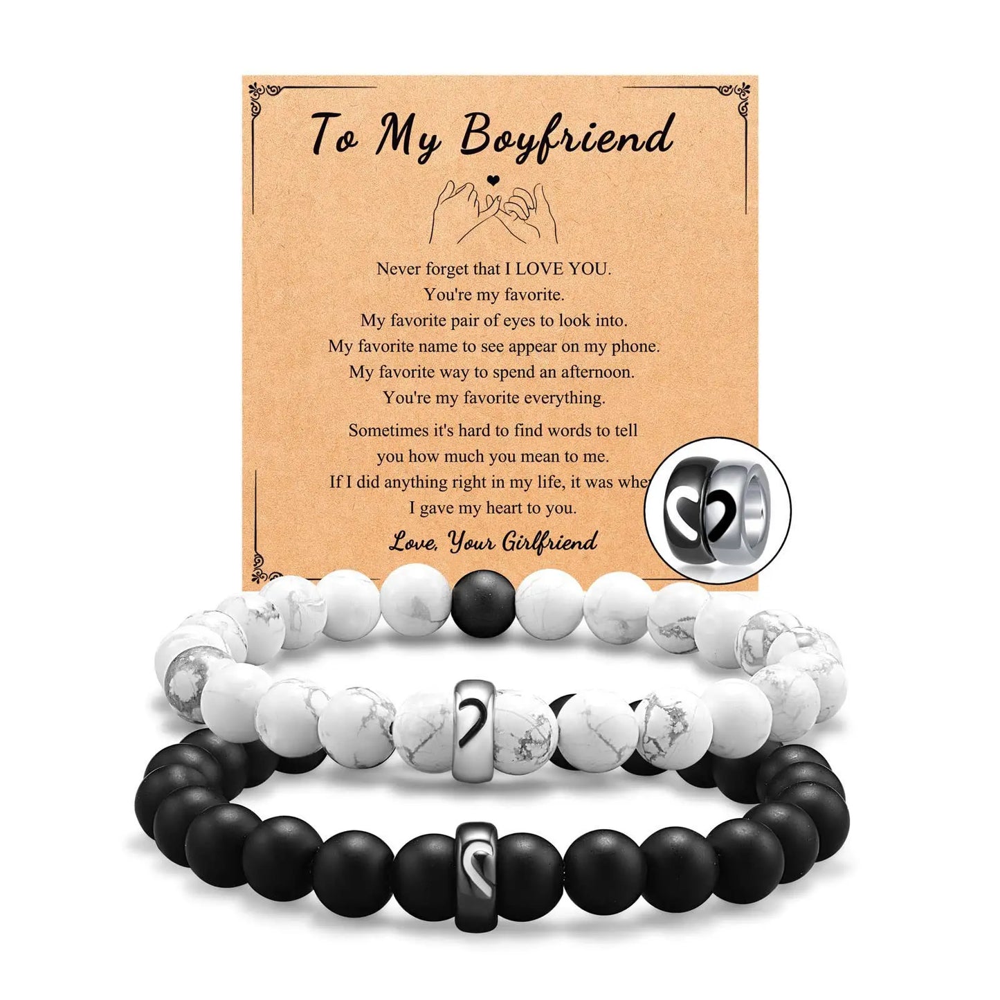 Black White Howlite Stone Bracelet Set Couple Stainless Steel Heart Beads Couple Bracelets Long Distance Gift Bangle Lover Gift