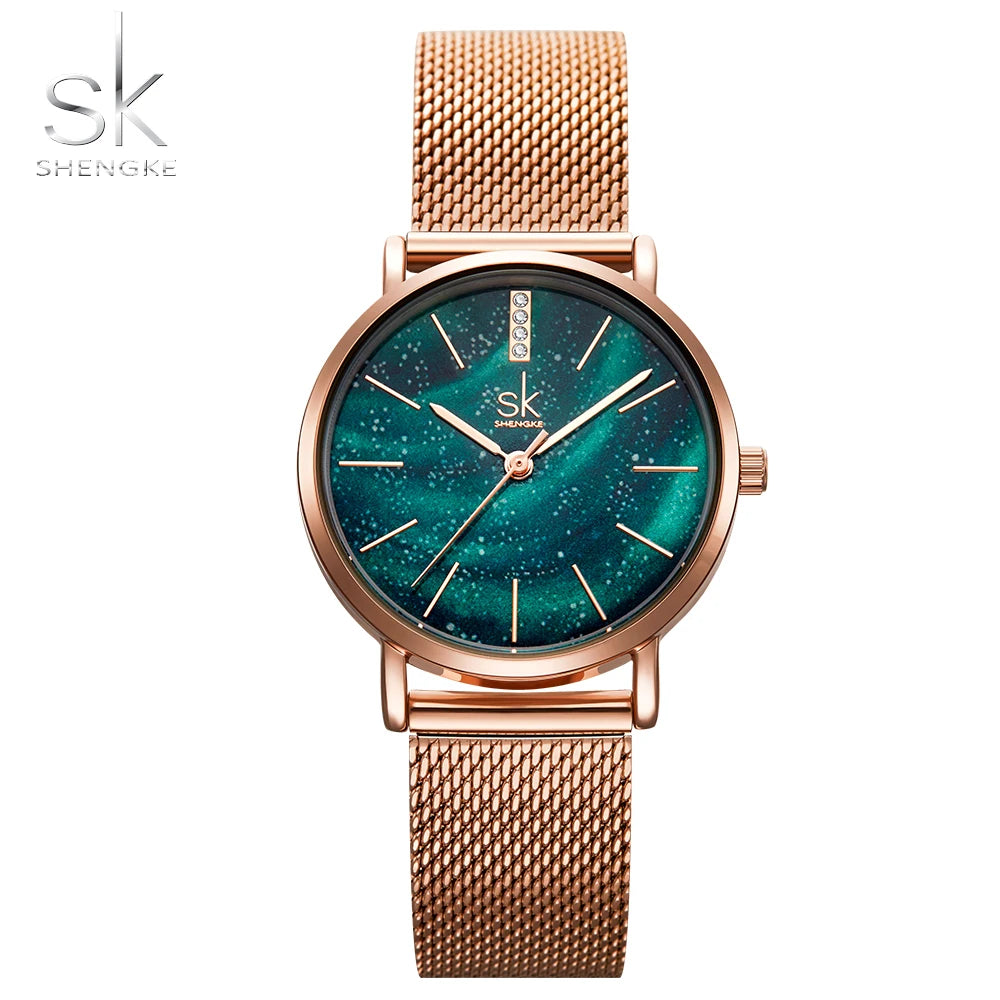 SHENGKE Snowflake Dial Christmas Gifts Wristwatches Vacuum Rose Gold Color Japanese Quartz Movement Gift Box Pack