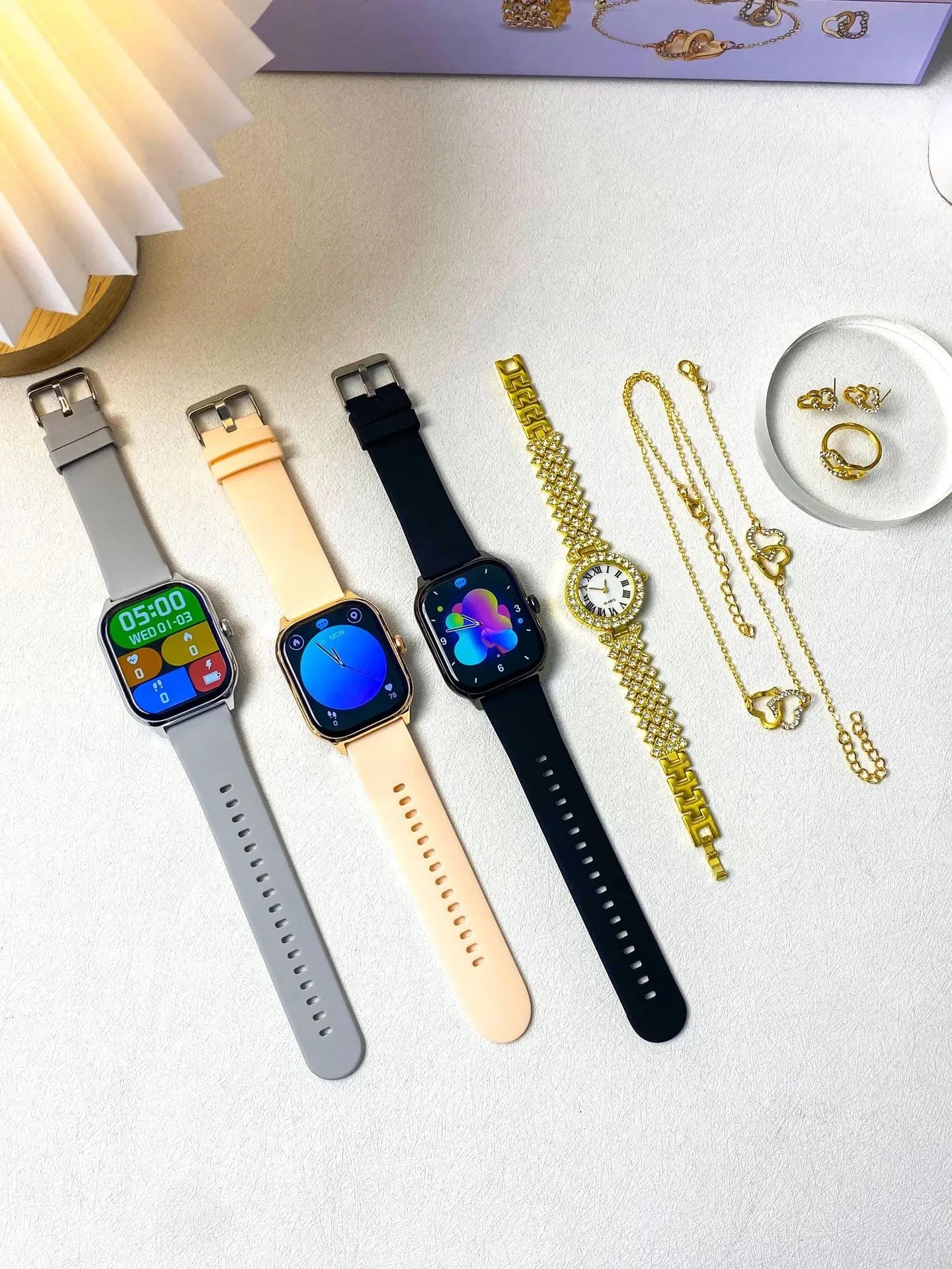 2025 Ladies Gold Watch Unique Combination Women's Smartwatch with Gold Necklace Smart Watch and Ring set for Women