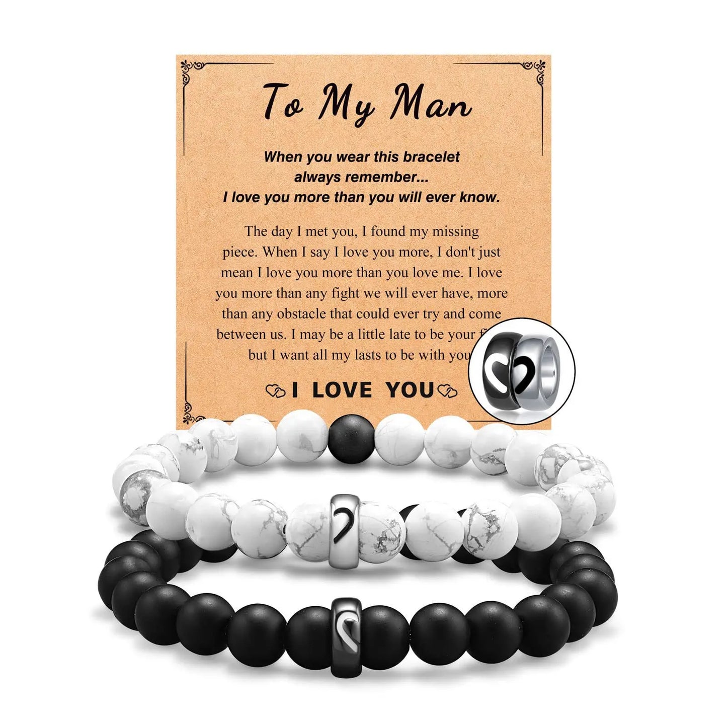 Black White Howlite Stone Bracelet Set Couple Stainless Steel Heart Beads Couple Bracelets Long Distance Gift Bangle Lover Gift