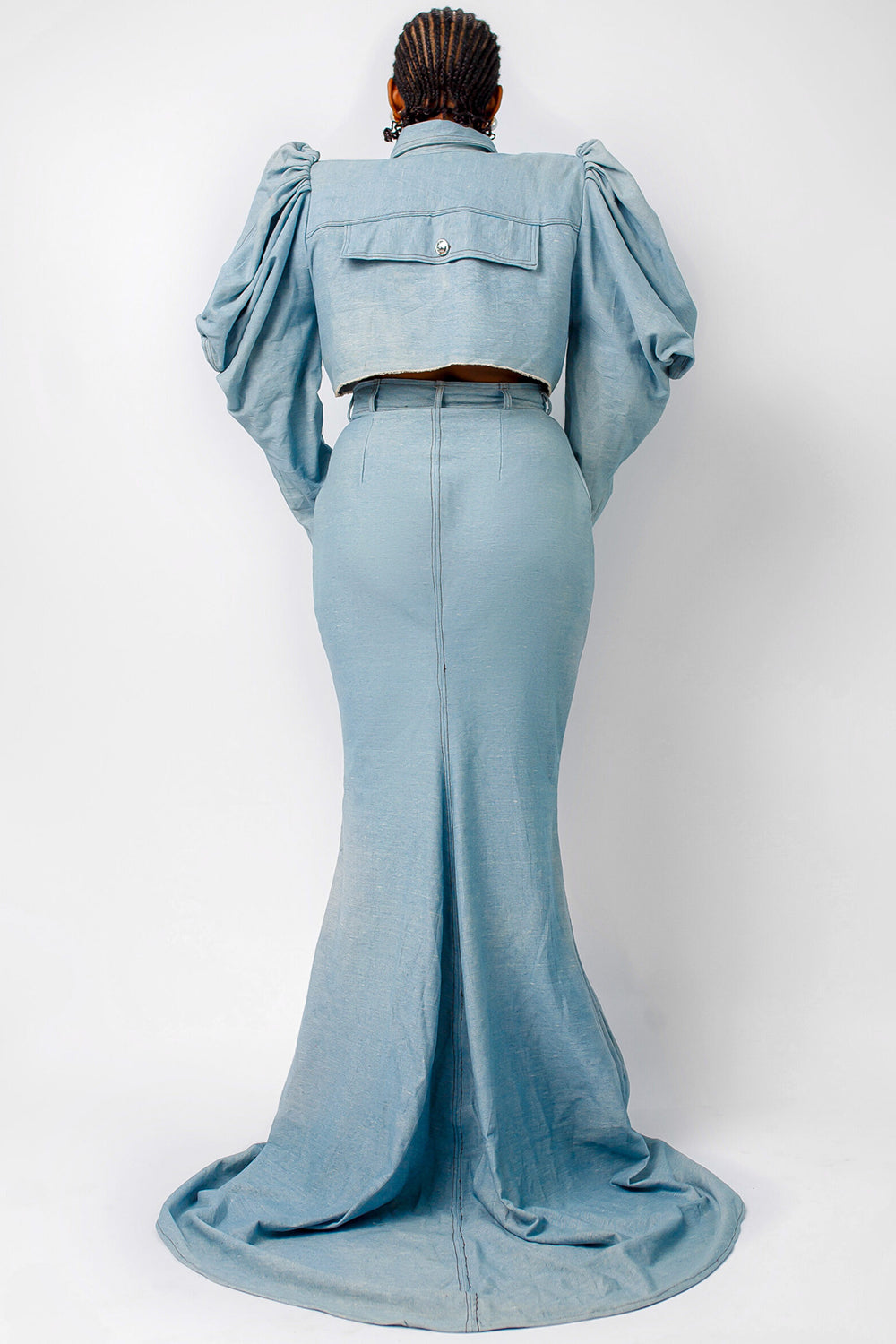 Plus Size Evening Gowns Light Blue Shirt Collar Long Sleeve Mermaid Tencel Denim Two Piece Skirt Sets [Pre-Order]