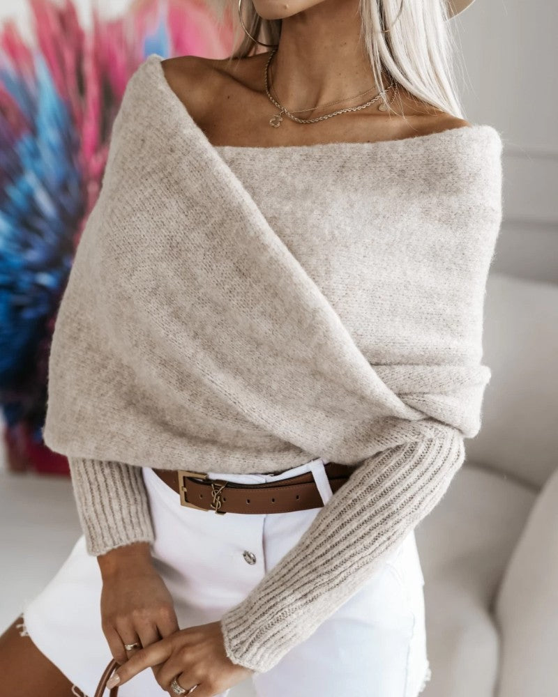 Wrap Off Shoulder Cropped Sweaters Long Sleeve Cross Front Solid Knitted Pullover Tops