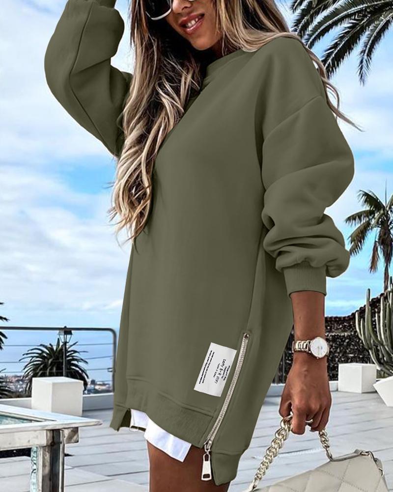 Long Sleeve Pullover Sweatshirt Zipper Slit Casual Dress