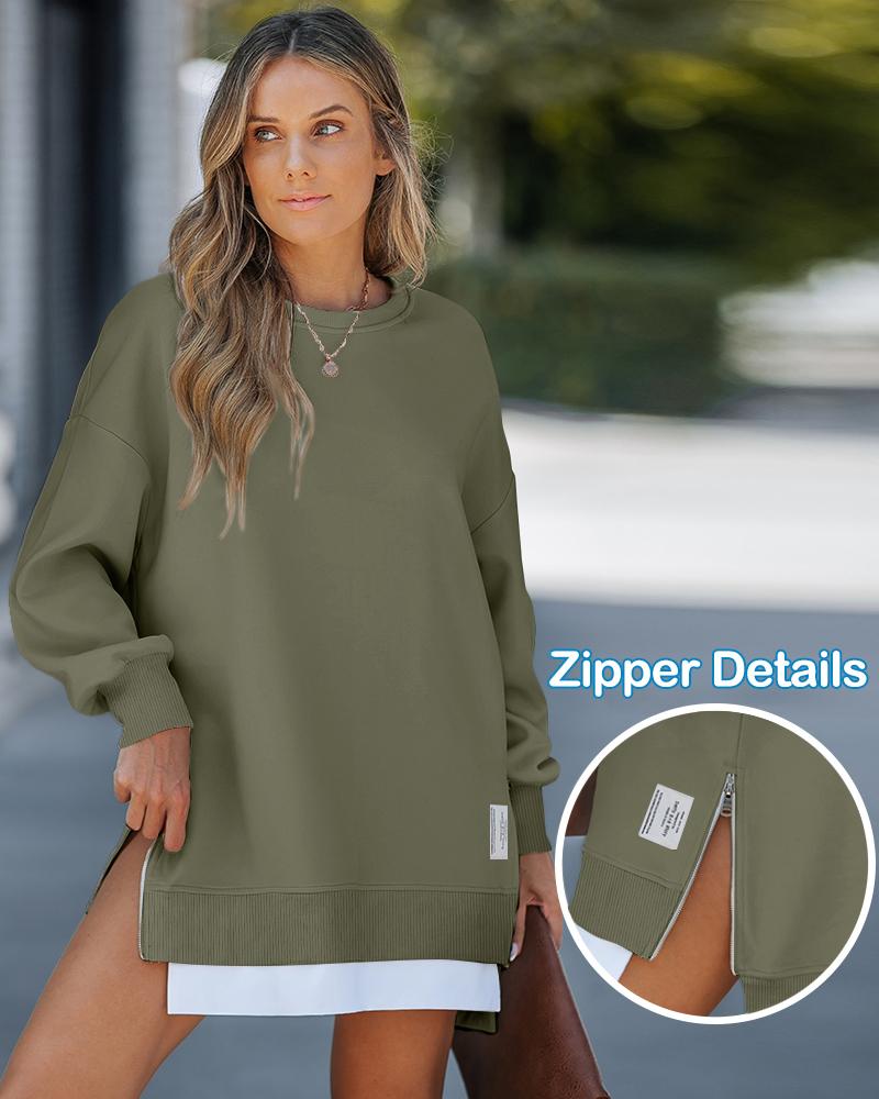 Long Sleeve Pullover Sweatshirt Zipper Slit Casual Dress