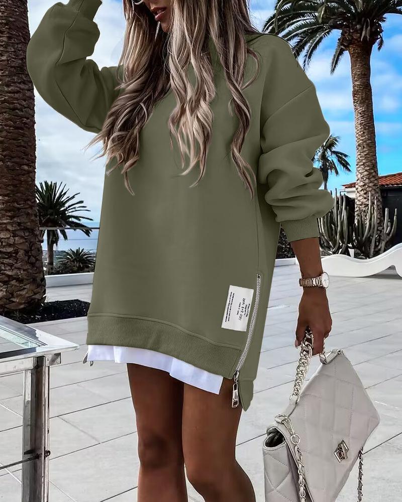 Long Sleeve Pullover Sweatshirt Zipper Slit Casual Dress