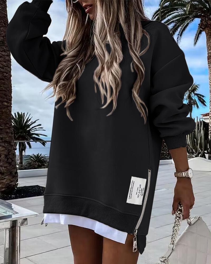 Long Sleeve Pullover Sweatshirt Zipper Slit Casual Dress