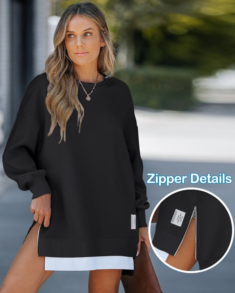 Long Sleeve Pullover Sweatshirt Zipper Slit Casual Dress