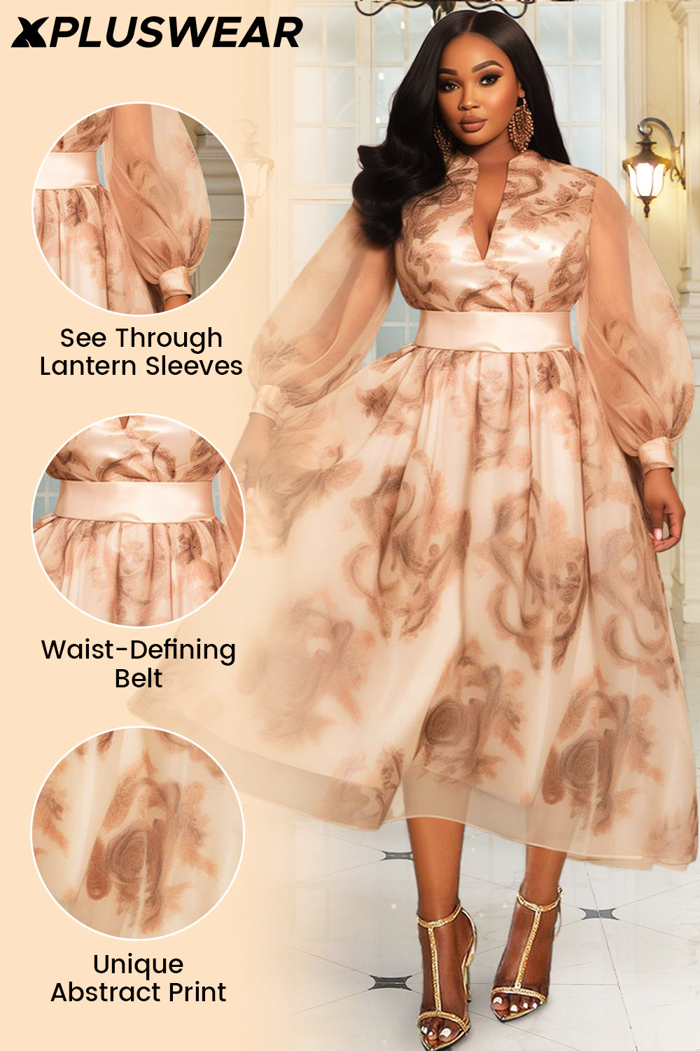 Xpluswear Design Plus Size Formal Organza Champagne All Over Print V Neck Lantern Sleeve Long Sleeve See Through Satin Midi Dresses [Pre-Order]