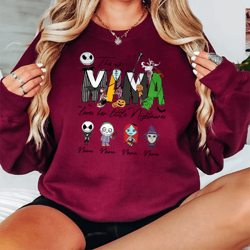 Personalized This Mama Loves Her Little Nightmares Sweatshirt, Mama Shirt With Kids Name, Spooky Season Halloween