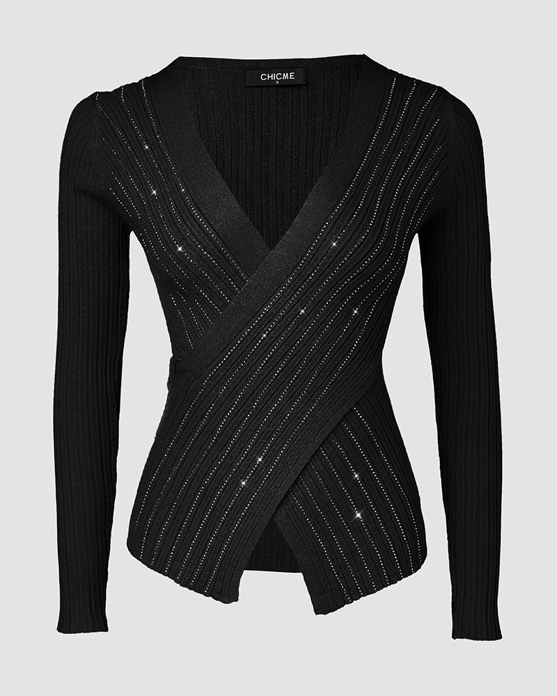 Rhinestone Decor Criss Cross Knit Sweater