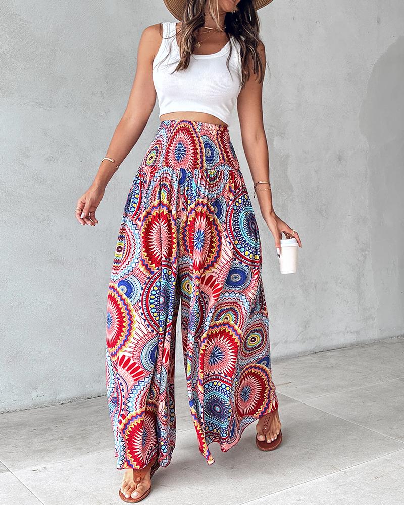 Geometric Tribal Print Shirred Wide Leg Pants