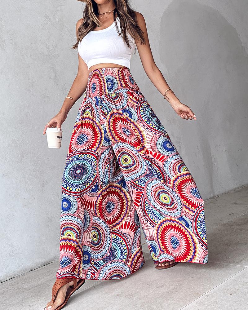 Geometric Tribal Print Shirred Wide Leg Pants