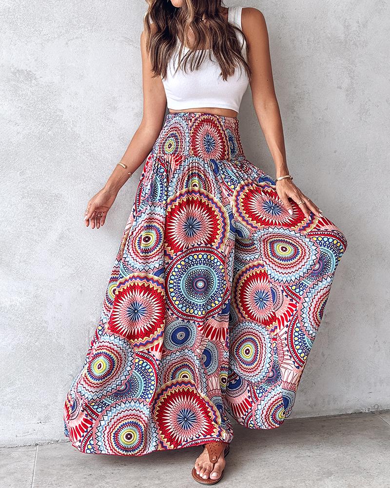 Geometric Tribal Print Shirred Wide Leg Pants