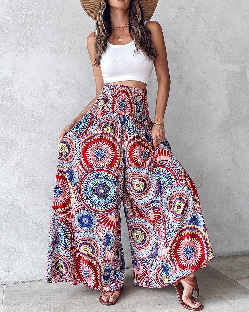 Geometric Tribal Print Shirred Wide Leg Pants