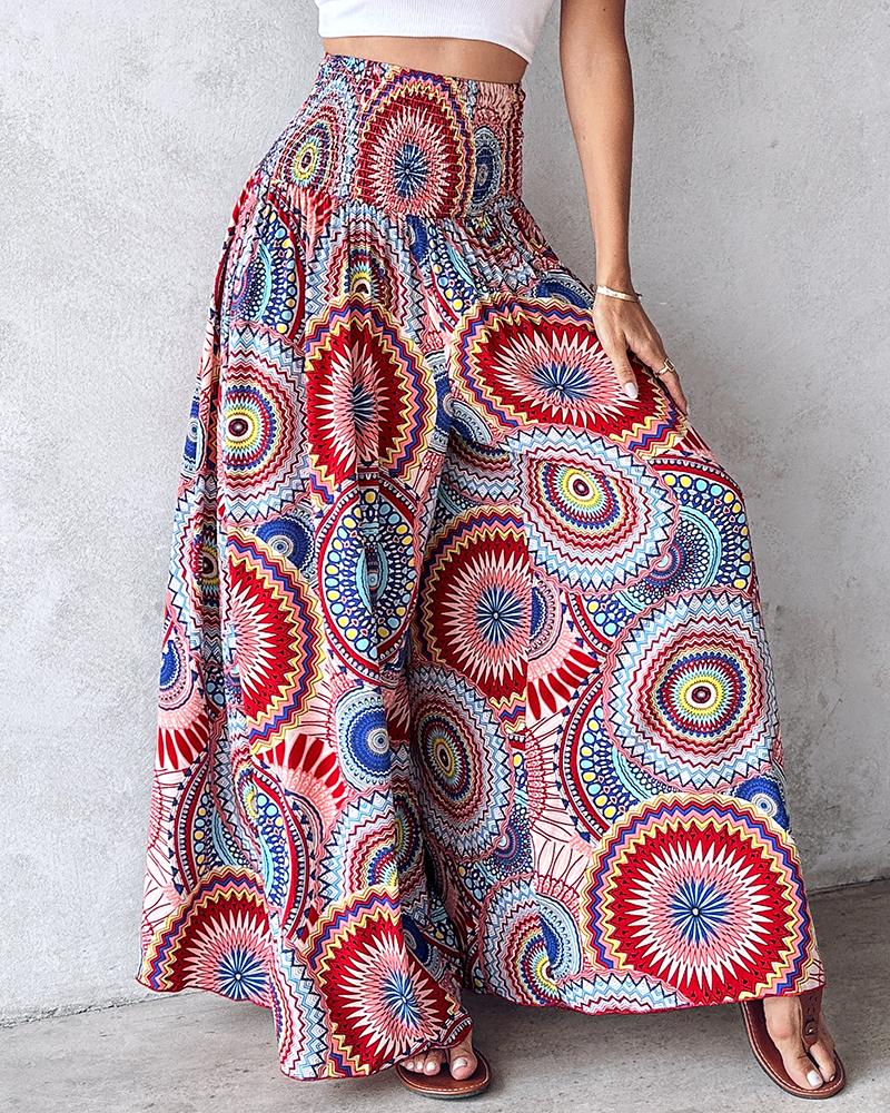 Geometric Tribal Print Shirred Wide Leg Pants