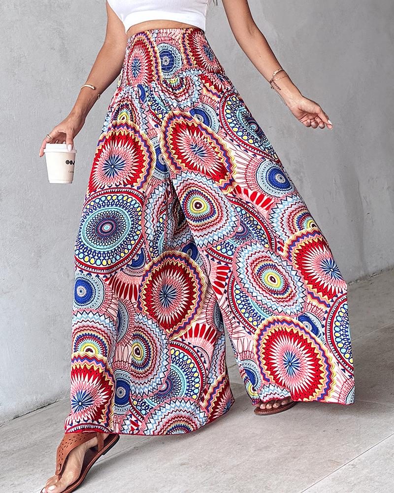 Geometric Tribal Print Shirred Wide Leg Pants