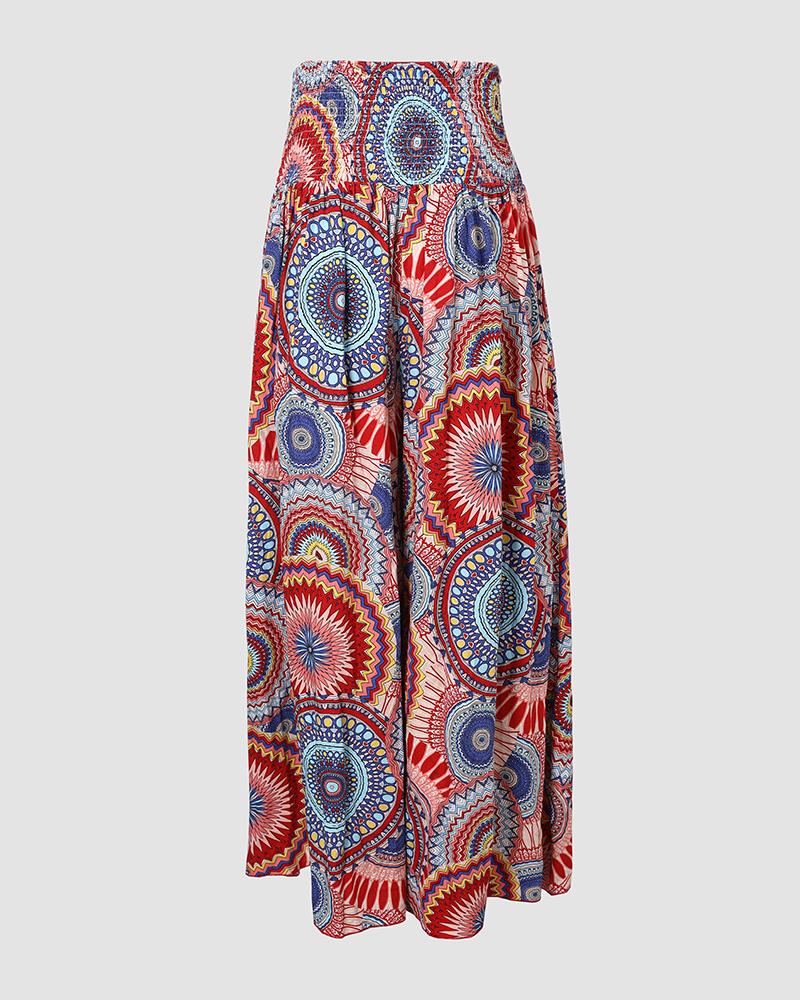 Geometric Tribal Print Shirred Wide Leg Pants