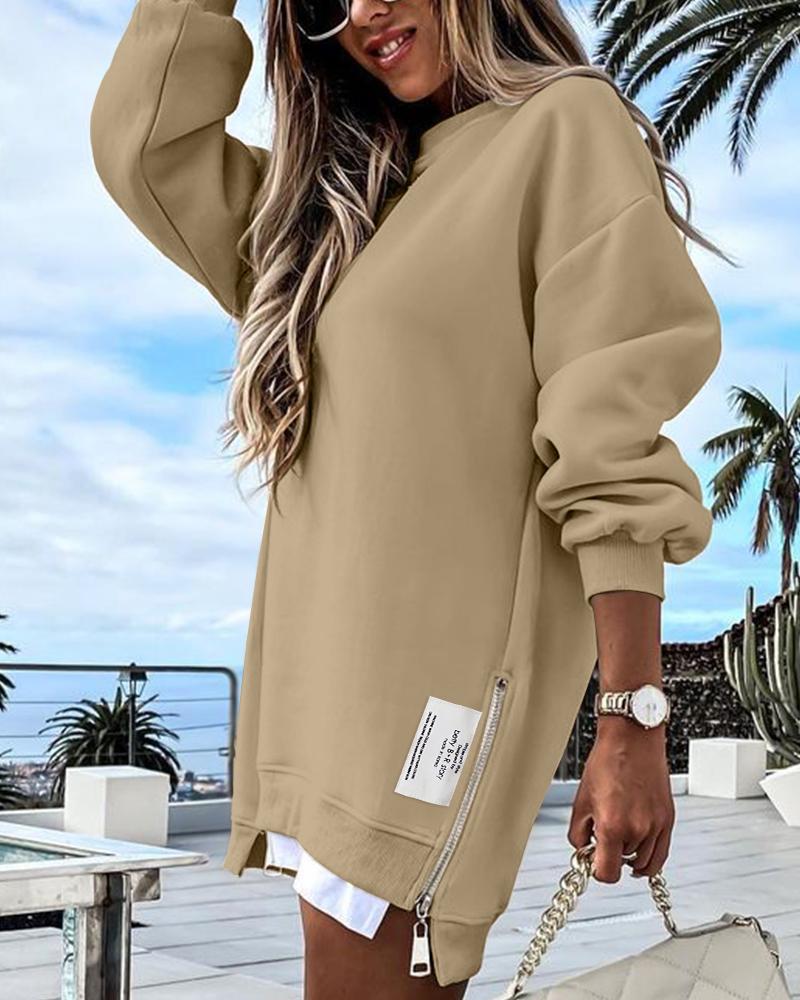 Long Sleeve Pullover Sweatshirt Zipper Slit Casual Dress