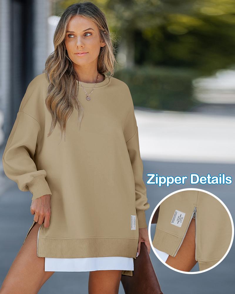 Long Sleeve Pullover Sweatshirt Zipper Slit Casual Dress