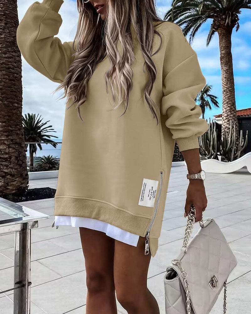 Long Sleeve Pullover Sweatshirt Zipper Slit Casual Dress