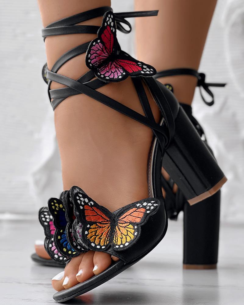 Butterfly Pattern Crisscross Strappy Chunky Heeled Sandals