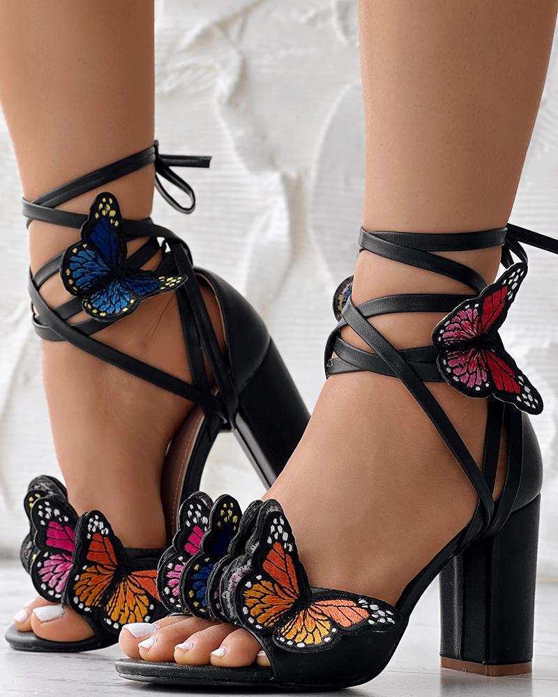 Butterfly Pattern Crisscross Strappy Chunky Heeled Sandals