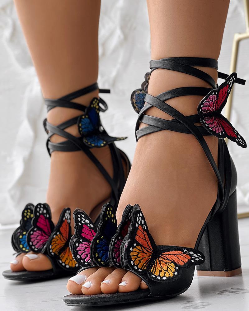 Butterfly Pattern Crisscross Strappy Chunky Heeled Sandals