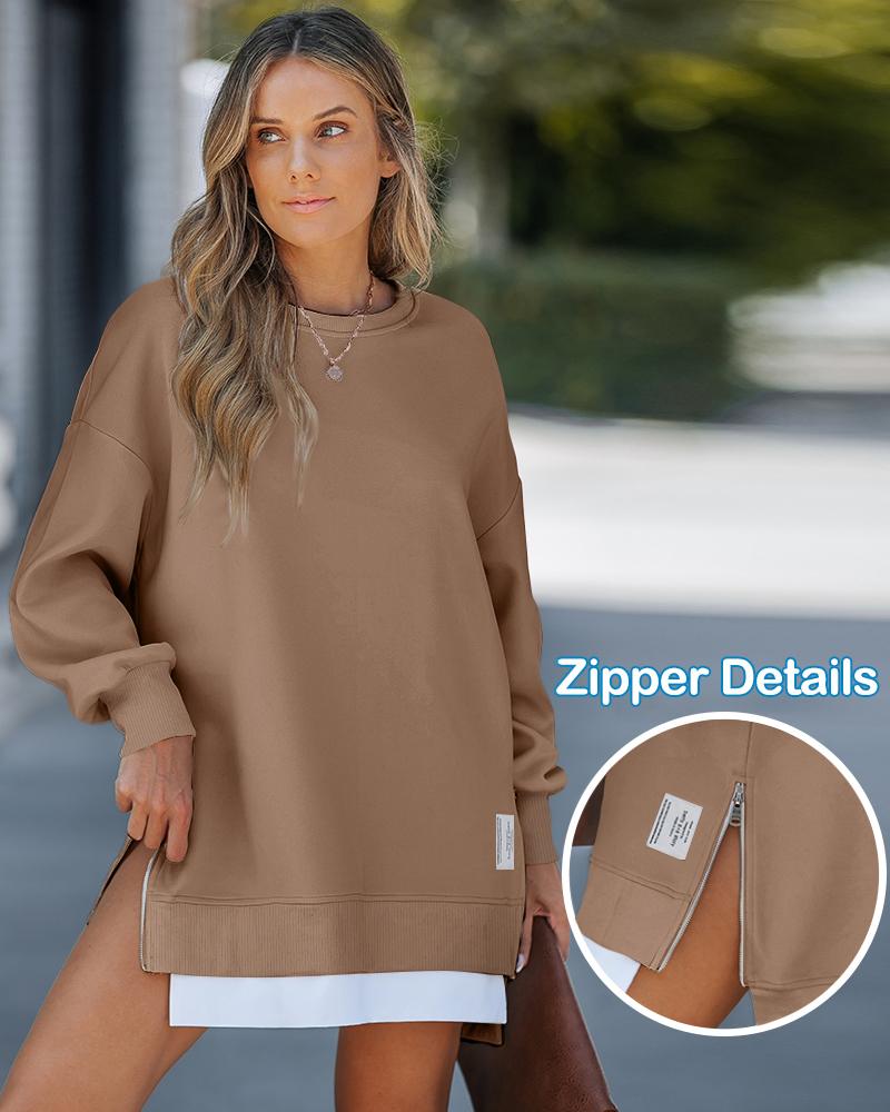 Long Sleeve Pullover Sweatshirt Zipper Slit Casual Dress