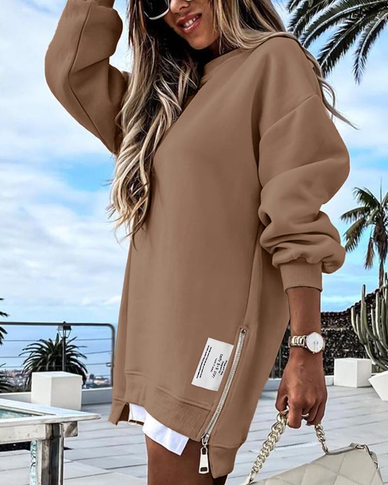 Long Sleeve Pullover Sweatshirt Zipper Slit Casual Dress