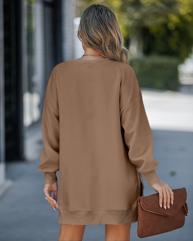 Long Sleeve Pullover Sweatshirt Zipper Slit Casual Dress