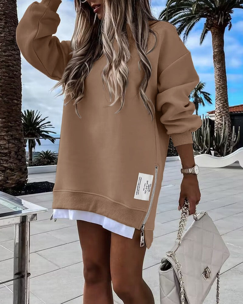 Long Sleeve Pullover Sweatshirt Zipper Slit Casual Dress