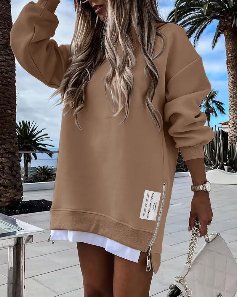 Long Sleeve Pullover Sweatshirt Zipper Slit Casual Dress