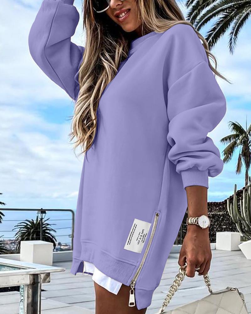 Long Sleeve Pullover Sweatshirt Zipper Slit Casual Dress