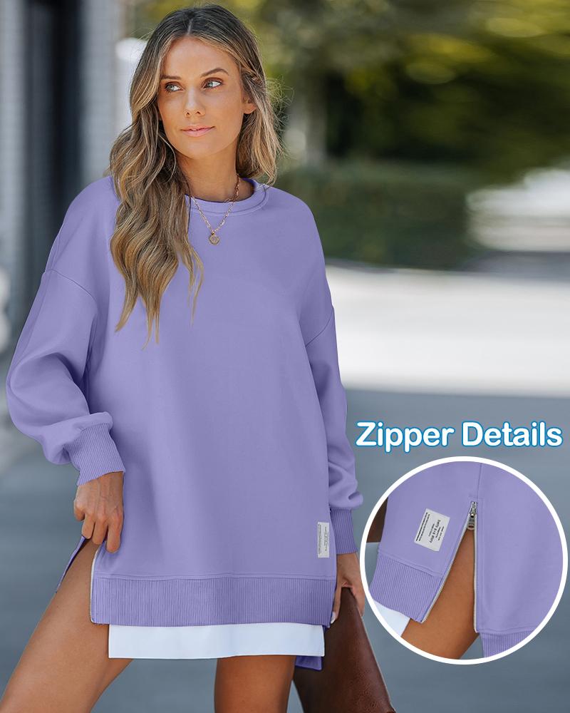 Long Sleeve Pullover Sweatshirt Zipper Slit Casual Dress