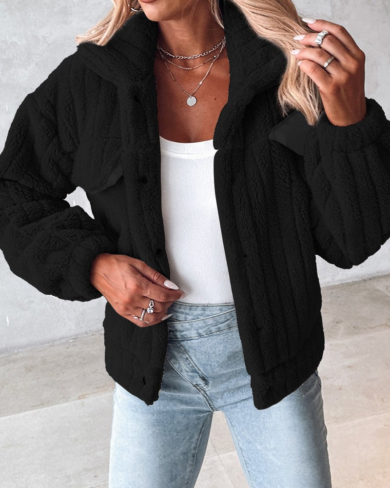 Turn-down Collar Buttoned Teddy Jacket