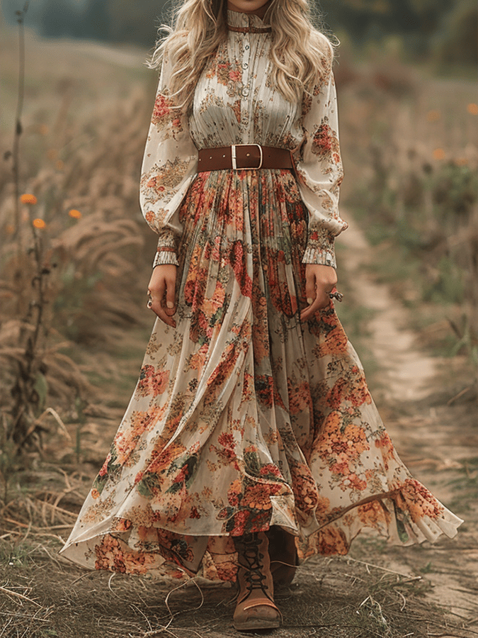 Women's Countryside Retro Stand Collar Floral Long Sleeve Dress