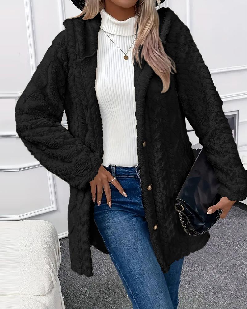 Argyle Textured Button Down Side Slit Long Sleeve Fleece Teddy Coat Hooded Jacket Warm Outwear