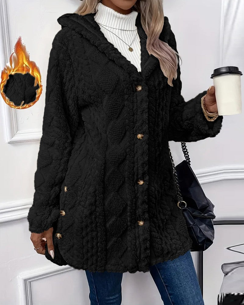 Argyle Textured Button Down Side Slit Long Sleeve Fleece Teddy Coat Hooded Jacket Warm Outwear