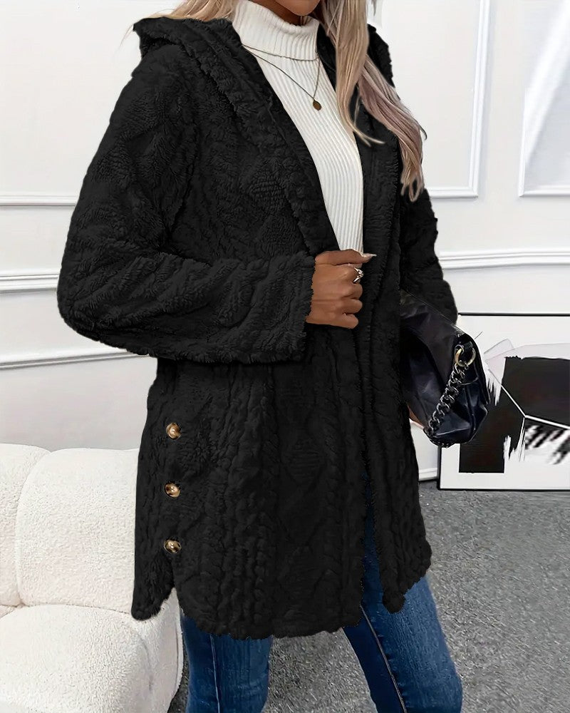 Argyle Textured Button Down Side Slit Long Sleeve Fleece Teddy Coat Hooded Jacket Warm Outwear